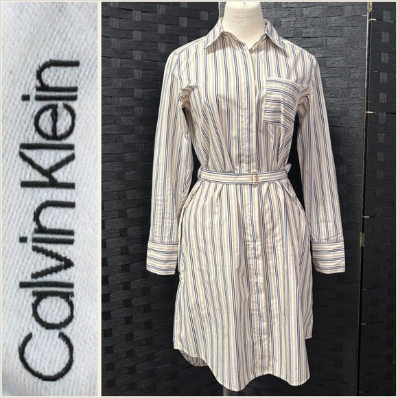 Calvin Klein Dresses & Skirts - Calvin Klein 4 Striped Button Down Shirt Dress Belted Knee Length